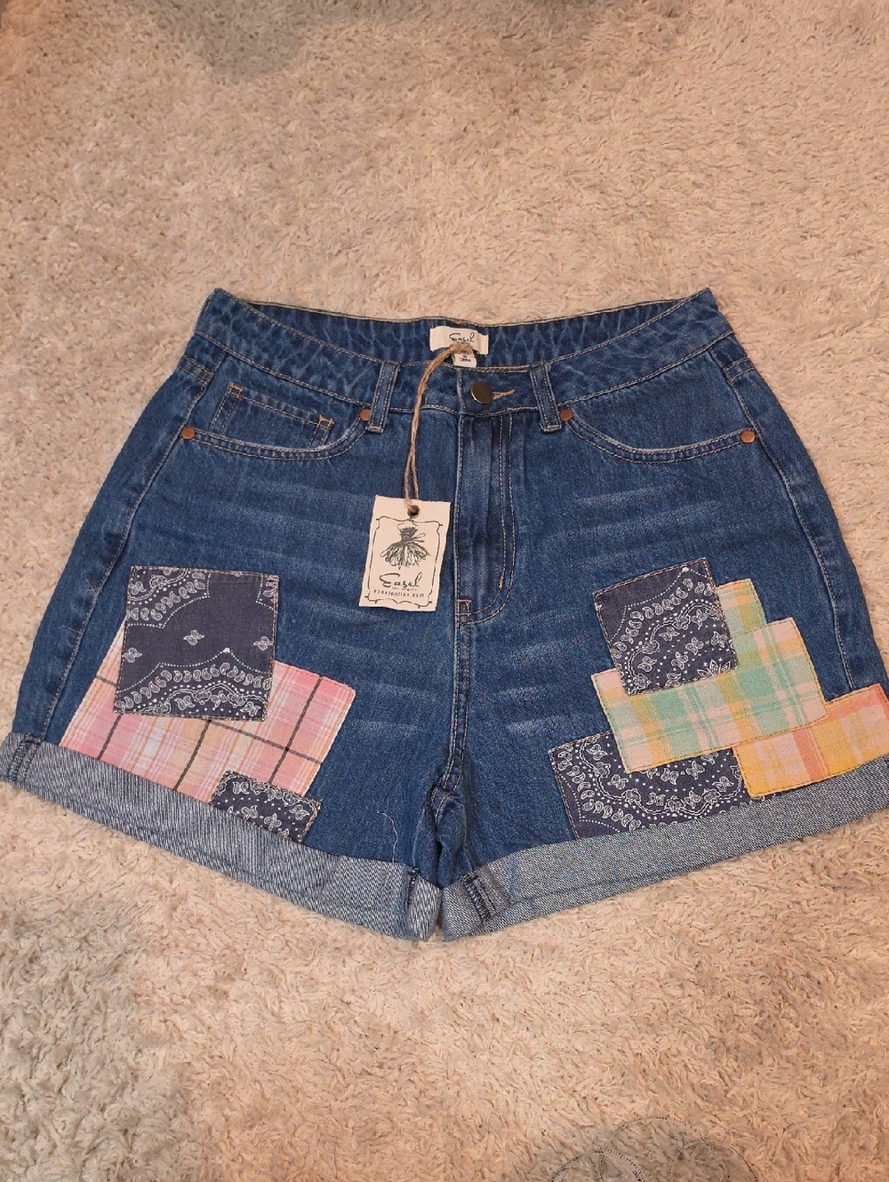 075p easel Blue Denim High-Waist Patchwork Shorts